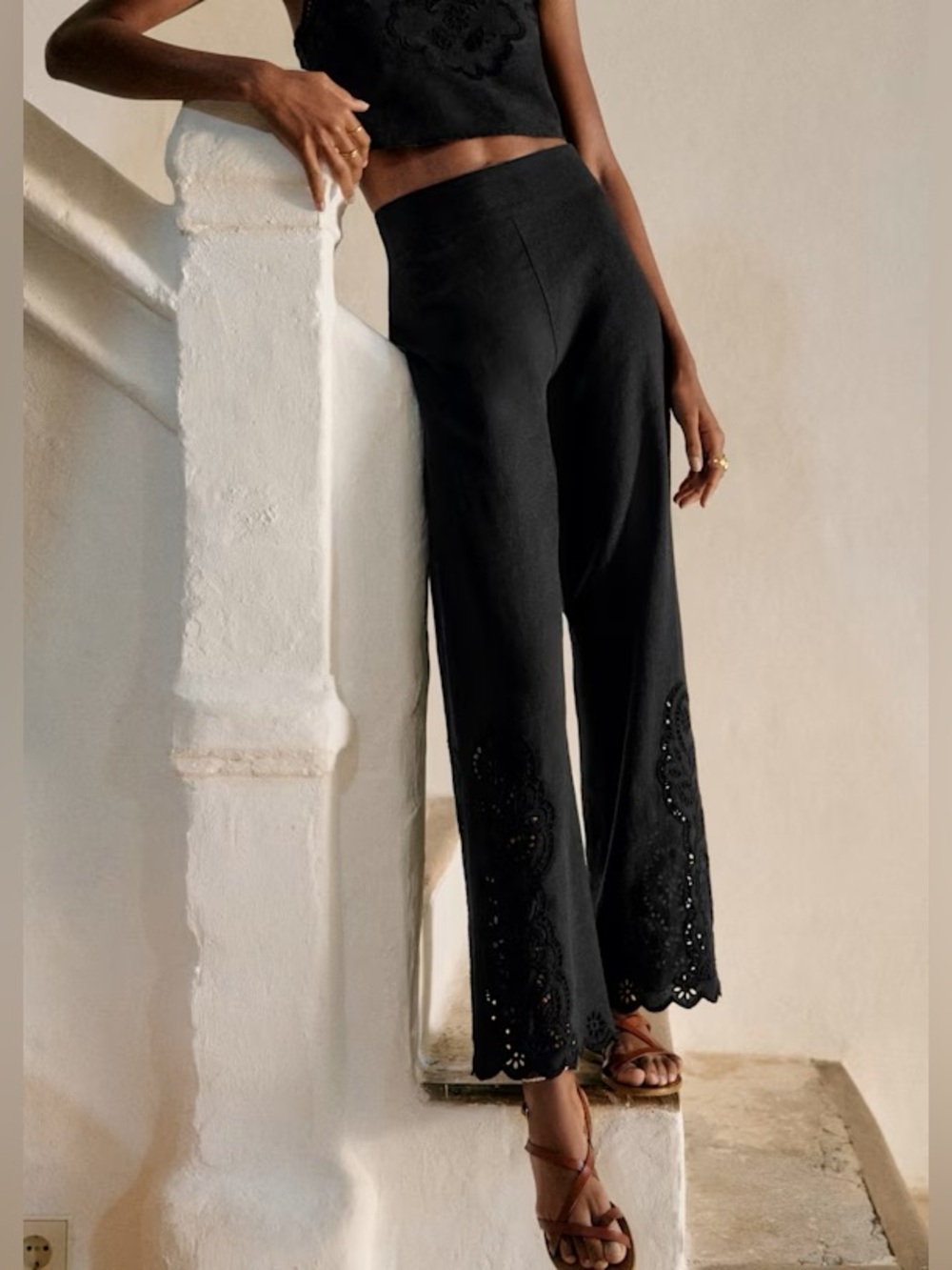 EUC Sézane Fausto Linen Blend Embroidered Trousers in Black size 12